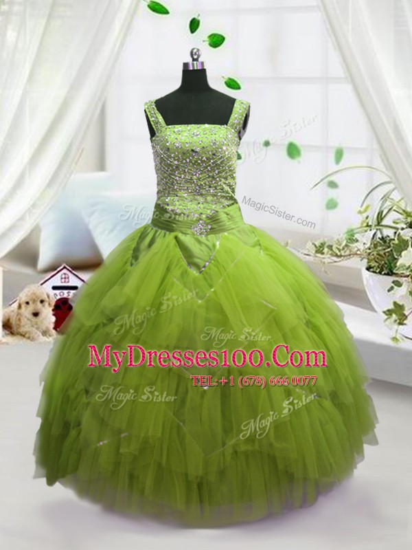 Excellent Yellow Green Ball Gowns Straps Sleeveless Tulle Floor Length Lace Up Beading and Ruffles Pageant Gowns For Girls