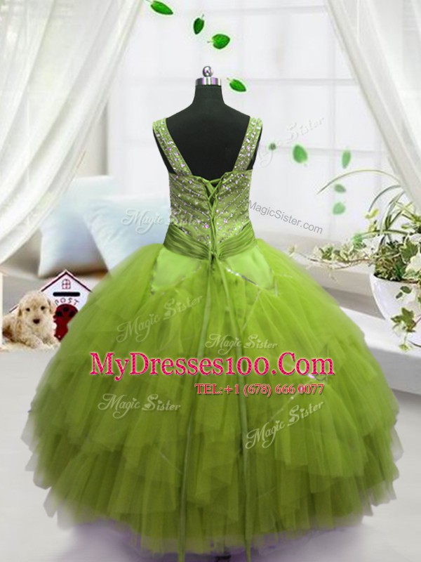 Excellent Yellow Green Ball Gowns Straps Sleeveless Tulle Floor Length Lace Up Beading and Ruffles Pageant Gowns For Girls