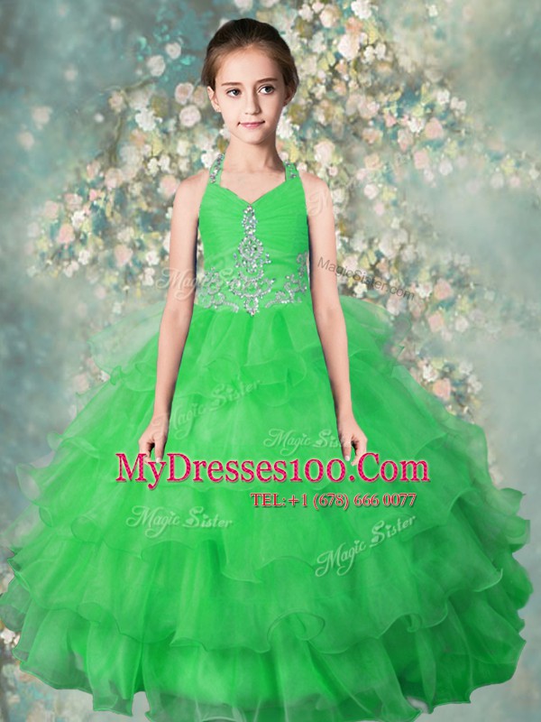 Ruffled Halter Top Sleeveless Zipper Little Girls Pageant Gowns Green Organza