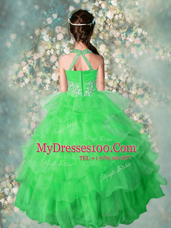 Ruffled Halter Top Sleeveless Zipper Little Girls Pageant Gowns Green Organza