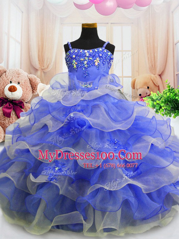 Ruffled Blue Sleeveless Organza Zipper Flower Girl Dresses for Less for Party and Wedding Party