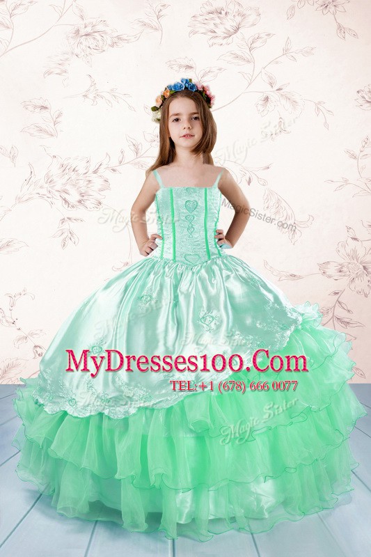 Gorgeous Apple Green Ball Gowns Spaghetti Straps Sleeveless Organza Floor Length Lace Up Embroidery and Ruffled Layers Little Girls Pageant Gowns