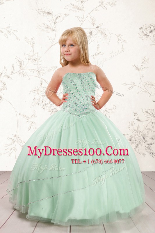 Most Popular Apple Green Tulle Lace Up Strapless Sleeveless Floor Length Flower Girl Dress Beading