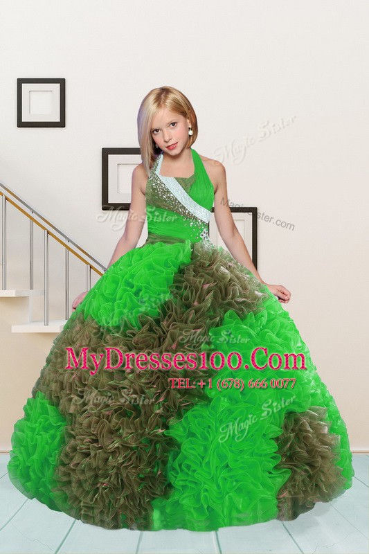 Halter Top Apple Green and Chocolate Sleeveless Fabric With Rolling Flowers Lace Up Kids Pageant Dress for Party and Wedding Party