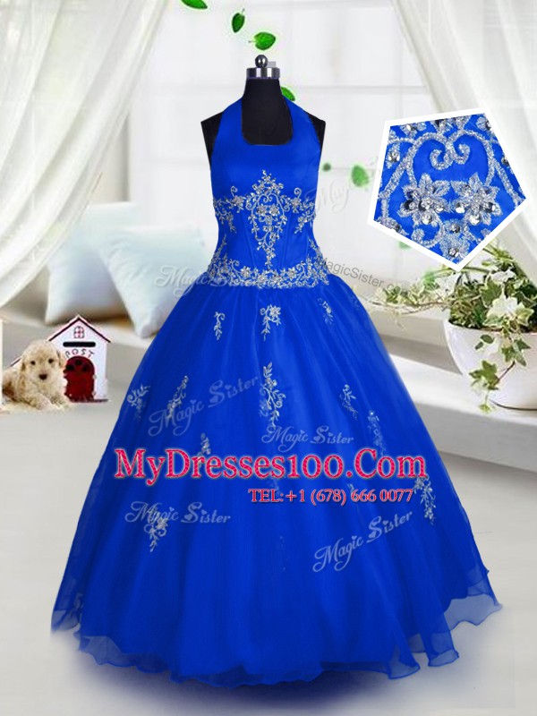 Tulle Halter Top Sleeveless Lace Up Appliques Kids Pageant Dress in Blue