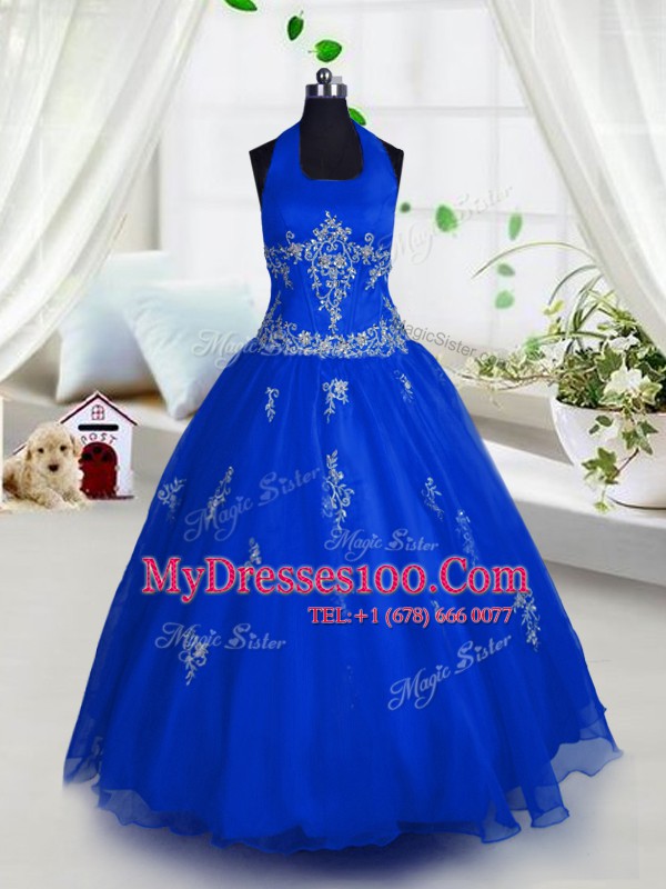 Tulle Halter Top Sleeveless Lace Up Appliques Kids Pageant Dress in Blue