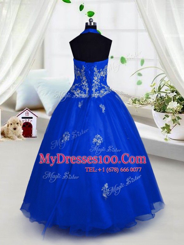 Tulle Halter Top Sleeveless Lace Up Appliques Kids Pageant Dress in Blue