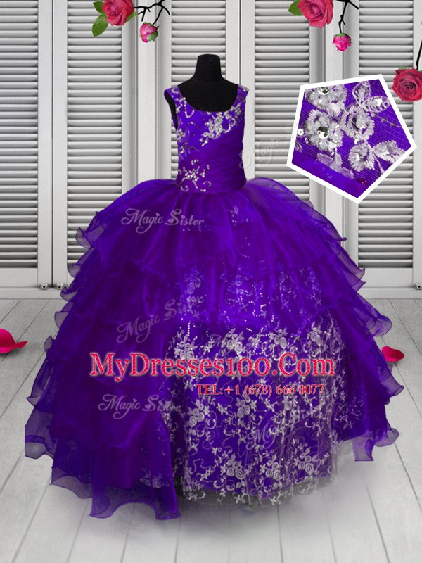 Superior Navy Blue Sleeveless Appliques and Ruffled Layers Floor Length Kids Pageant Dress