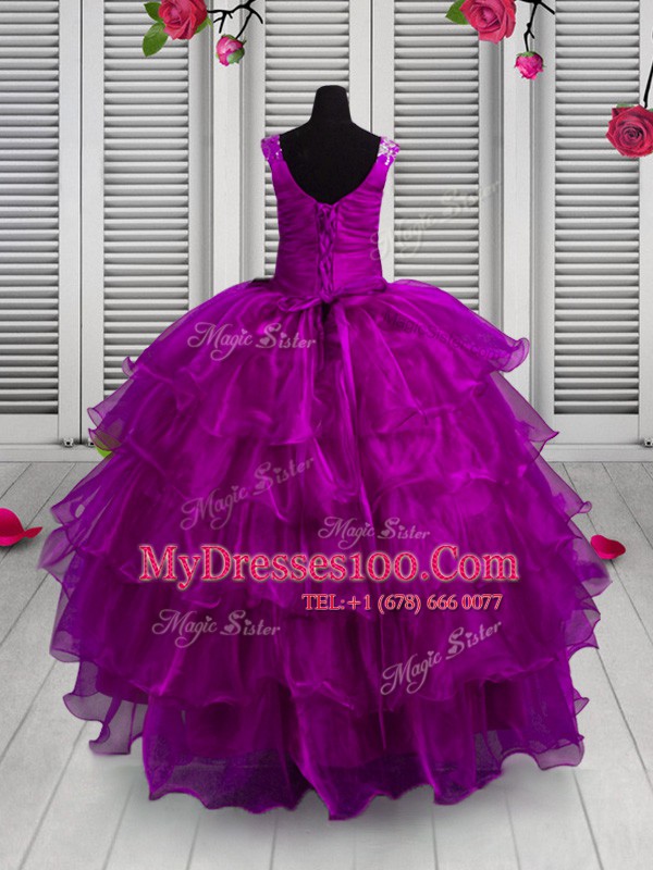 Superior Navy Blue Sleeveless Appliques and Ruffled Layers Floor Length Kids Pageant Dress