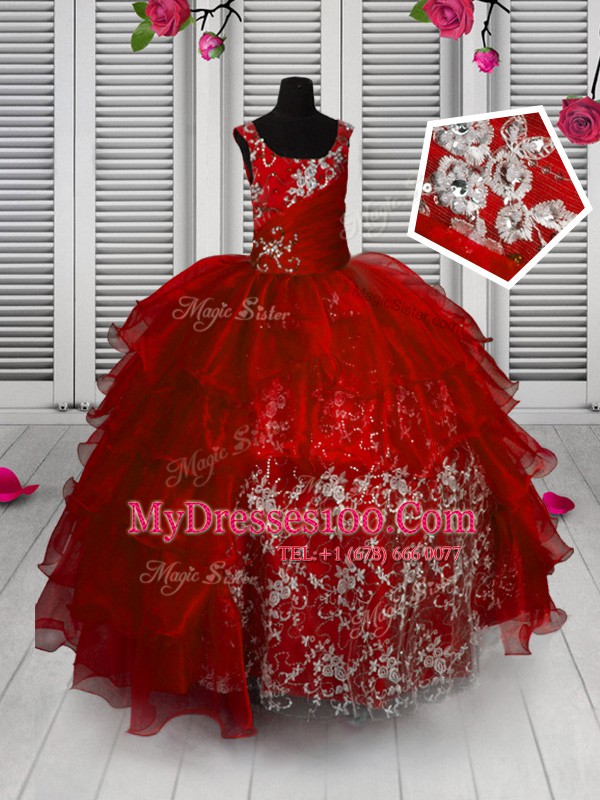 Red Child Pageant Dress Party and Wedding Party and For with Appliques and Ruffled Layers Straps Sleeveless Lace Up
