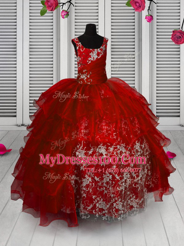 Red Child Pageant Dress Party and Wedding Party and For with Appliques and Ruffled Layers Straps Sleeveless Lace Up