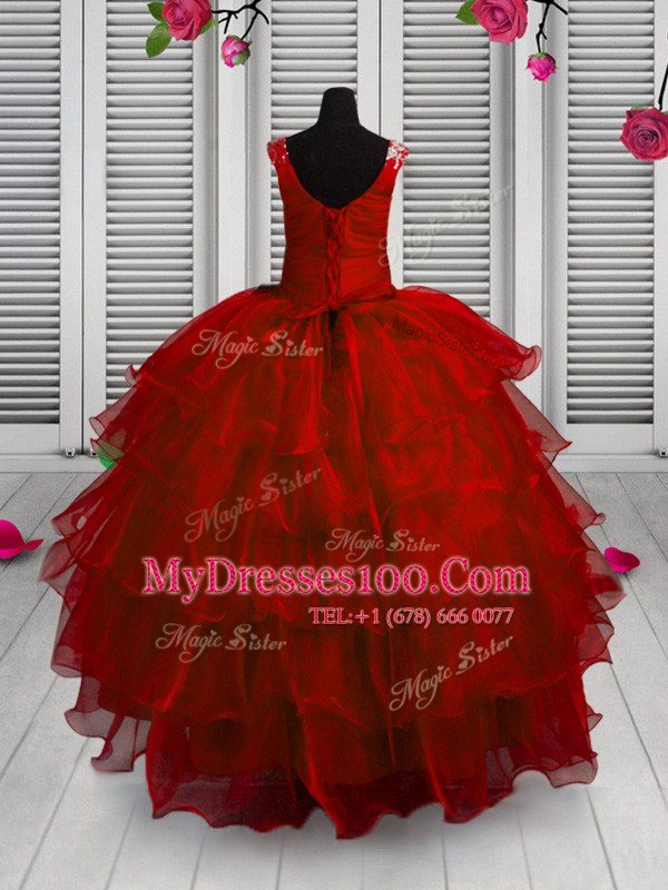 Red Child Pageant Dress Party and Wedding Party and For with Appliques and Ruffled Layers Straps Sleeveless Lace Up