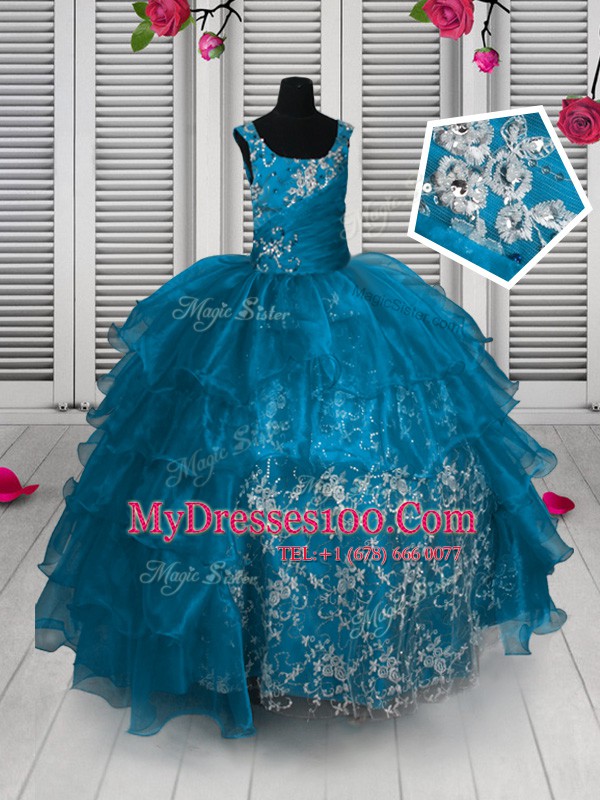 Vintage Sleeveless Lace Up Floor Length Appliques and Ruffled Layers Kids Pageant Dress