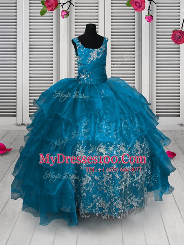 Vintage Sleeveless Lace Up Floor Length Appliques and Ruffled Layers Kids Pageant Dress