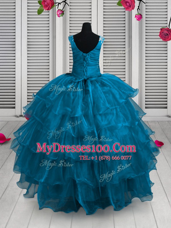 Vintage Sleeveless Lace Up Floor Length Appliques and Ruffled Layers Kids Pageant Dress