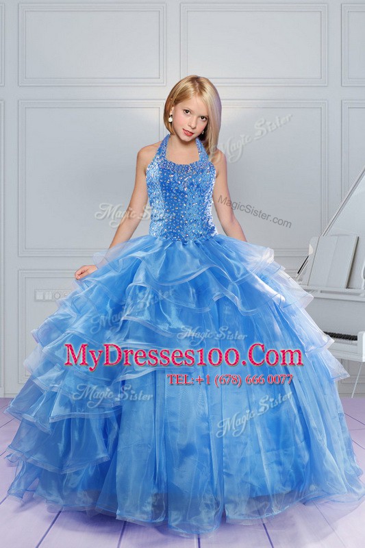 Stylish Halter Top Baby Blue Sleeveless Organza Lace Up Little Girl Pageant Gowns for Party and Wedding Party