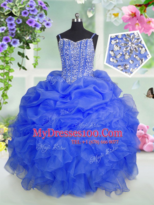 Customized Floor Length Lace Up Little Girl Pageant Dress Baby Blue for Party and Wedding Party with Beading and Ruffles and Pick Ups