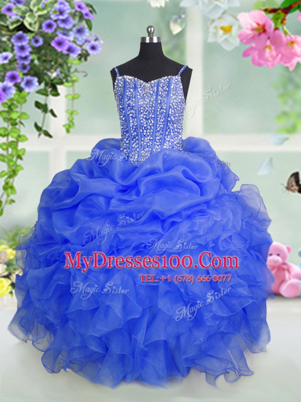 Customized Floor Length Lace Up Little Girl Pageant Dress Baby Blue for Party and Wedding Party with Beading and Ruffles and Pick Ups