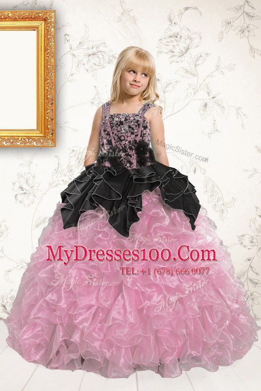 Captivating Organza Straps Sleeveless Lace Up Beading and Ruffles Pageant Gowns For Girls in Lavender