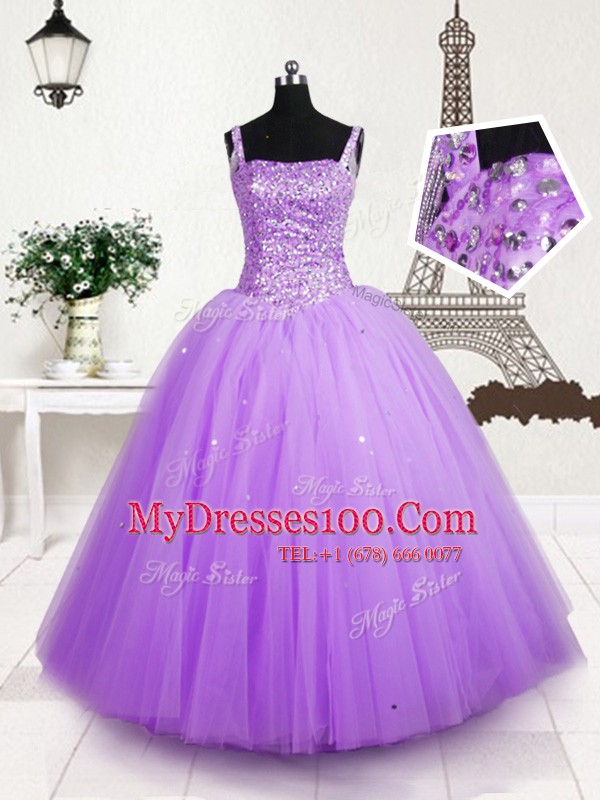 Vintage Sequins Straps Sleeveless Lace Up Flower Girl Dresses Lilac Tulle