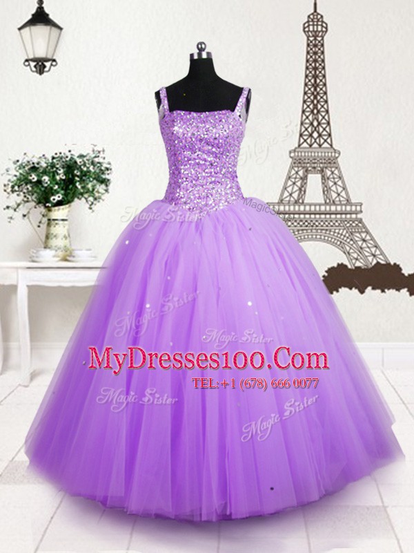 Vintage Sequins Straps Sleeveless Lace Up Flower Girl Dresses Lilac Tulle