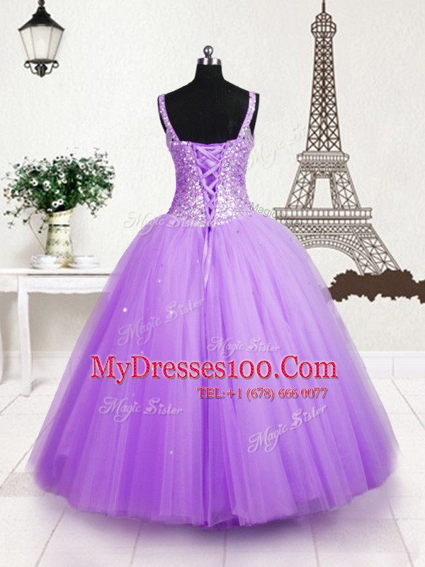 Vintage Sequins Straps Sleeveless Lace Up Flower Girl Dresses Lilac Tulle