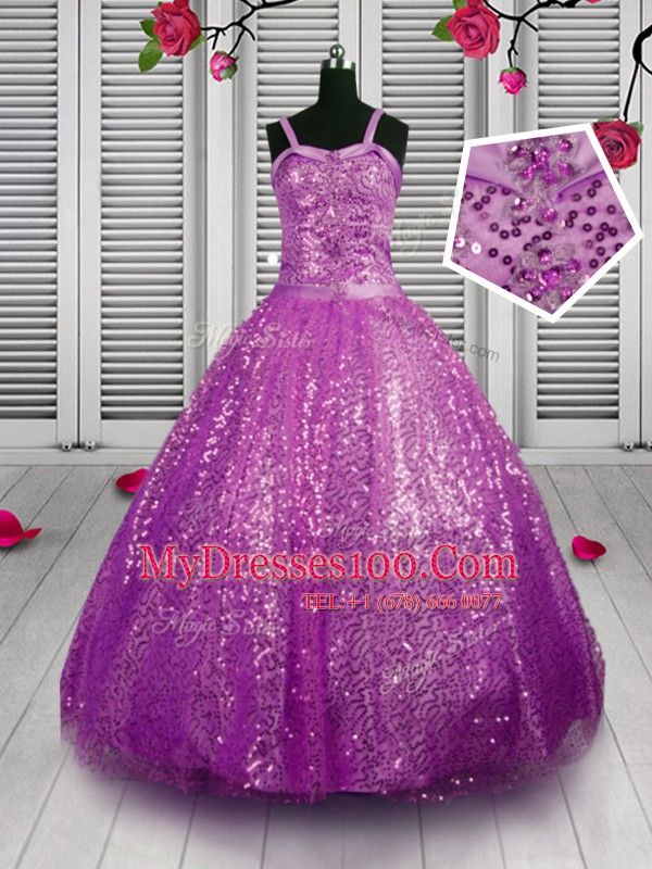 Sequins Purple Sleeveless Sequined Lace Up Little Girls Pageant Gowns for Party and Wedding Party
