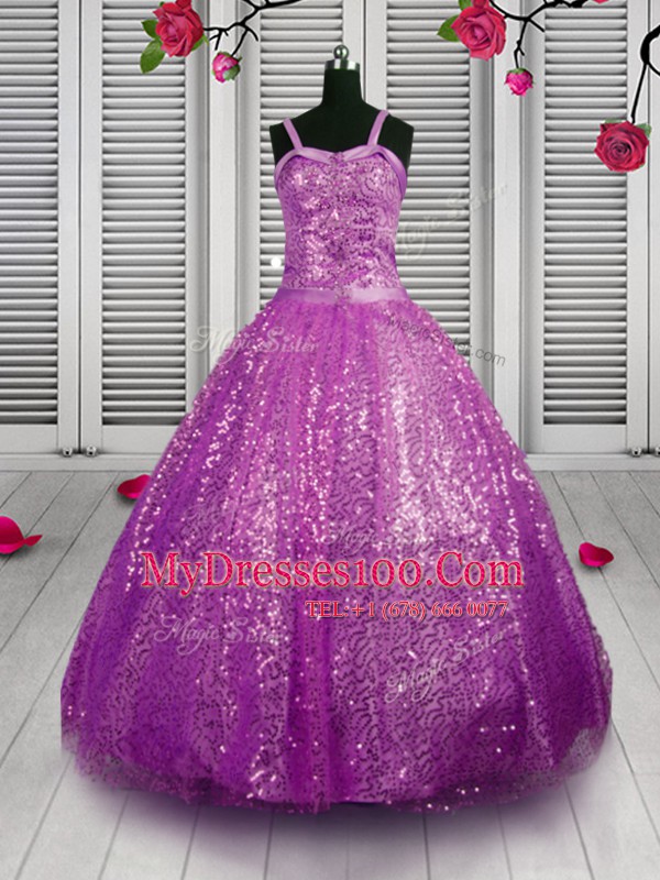 Sequins Purple Sleeveless Sequined Lace Up Little Girls Pageant Gowns for Party and Wedding Party