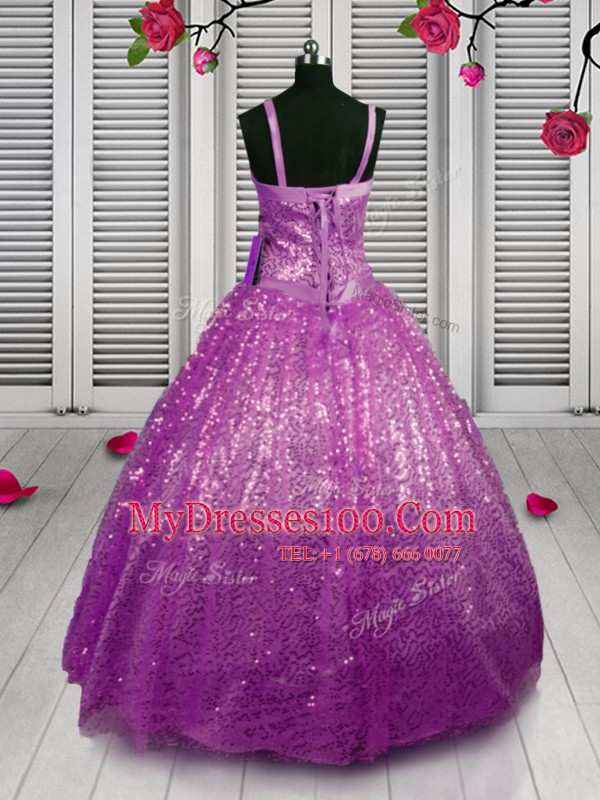Sequins Purple Sleeveless Sequined Lace Up Little Girls Pageant Gowns for Party and Wedding Party