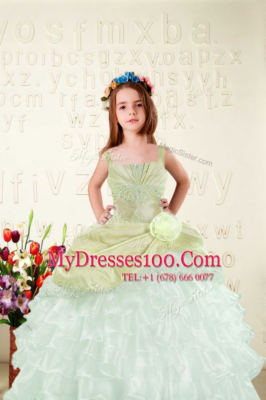 Yellow Green Organza Lace Up Flower Girl Dresses Sleeveless Floor Length Beading and Ruffled Layers