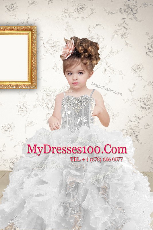 Floor Length Lace Up Little Girls Pageant Gowns Grey for Military Ball and Sweet 16 and Quinceanera with Beading and Ruffles and Sequins