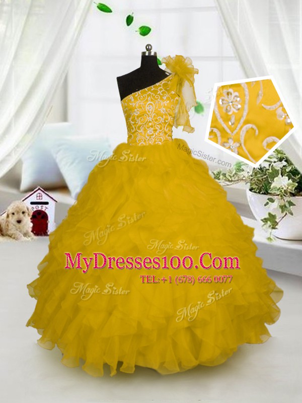 One Shoulder Sleeveless Side Zipper Floor Length Embroidery and Ruffles Little Girls Pageant Dress Wholesale