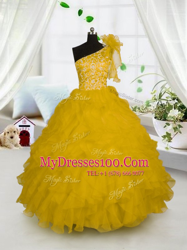 One Shoulder Sleeveless Side Zipper Floor Length Embroidery and Ruffles Little Girls Pageant Dress Wholesale