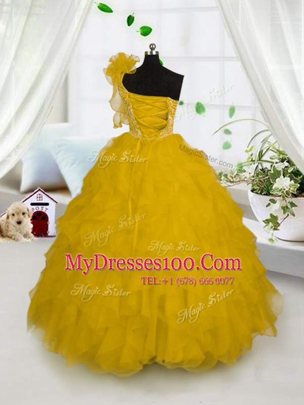 One Shoulder Sleeveless Side Zipper Floor Length Embroidery and Ruffles Little Girls Pageant Dress Wholesale