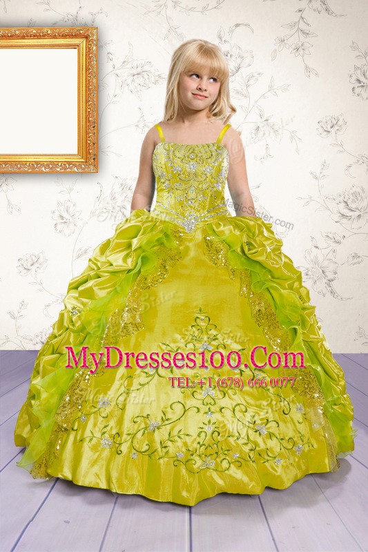 Dazzling Apple Green Lace Up Spaghetti Straps Beading and Appliques and Pick Ups Toddler Flower Girl Dress Satin Sleeveless