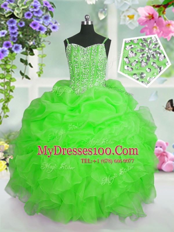 Sumptuous Floor Length Lace Up Toddler Flower Girl Dress Apple Green for Party and Wedding Party with Beading and Ruffles and Pick Ups