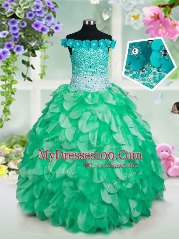 Fashion Off the Shoulder Floor Length Lace Up Flower Girl Dress Green for Party and Wedding Party with Beading and Hand Made Flower