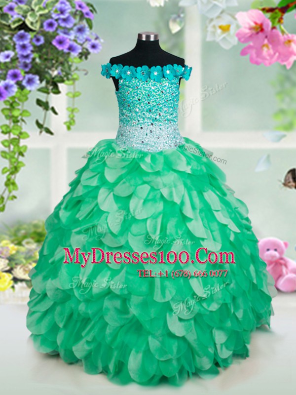 Fashion Off the Shoulder Floor Length Lace Up Flower Girl Dress Green for Party and Wedding Party with Beading and Hand Made Flower