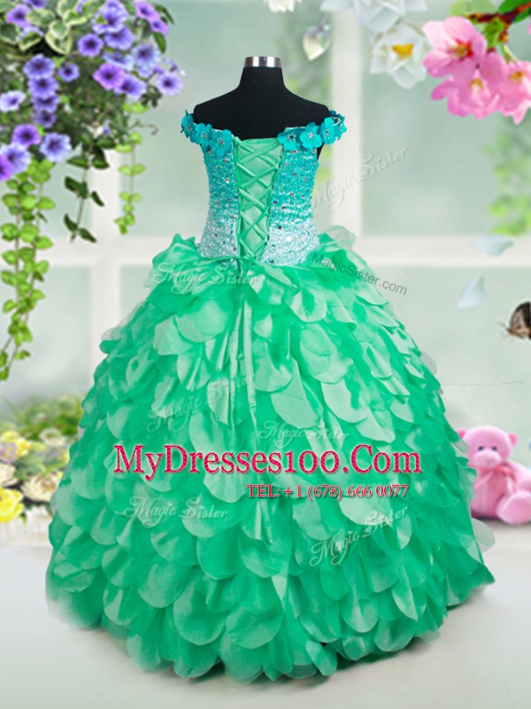 Fashion Off the Shoulder Floor Length Lace Up Flower Girl Dress Green for Party and Wedding Party with Beading and Hand Made Flower