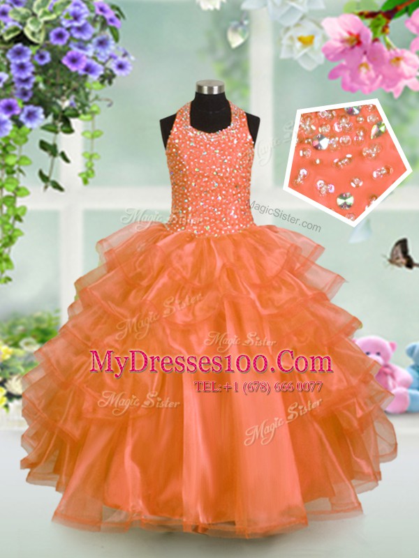 Halter Top Ruffled Floor Length Ball Gowns Sleeveless Orange Flower Girl Dresses Lace Up