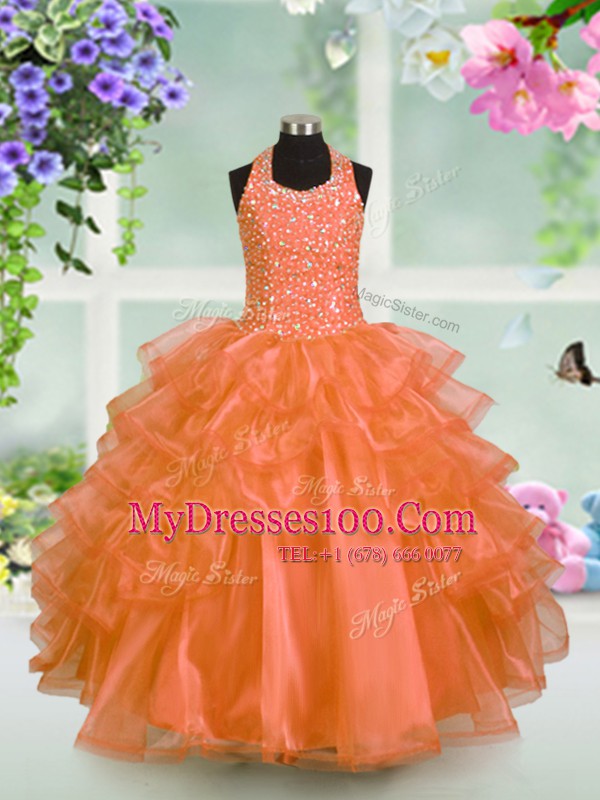 Halter Top Ruffled Floor Length Ball Gowns Sleeveless Orange Flower Girl Dresses Lace Up