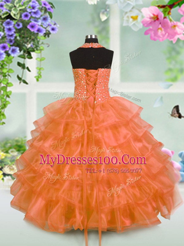 Halter Top Ruffled Floor Length Ball Gowns Sleeveless Orange Flower Girl Dresses Lace Up