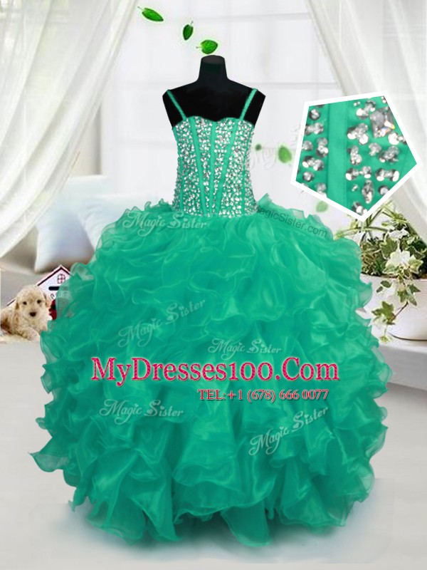 Sleeveless Floor Length Beading and Ruffles Lace Up Kids Formal Wear with Turquoise