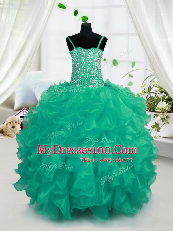 Sleeveless Floor Length Beading and Ruffles Lace Up Kids Formal Wear with Turquoise