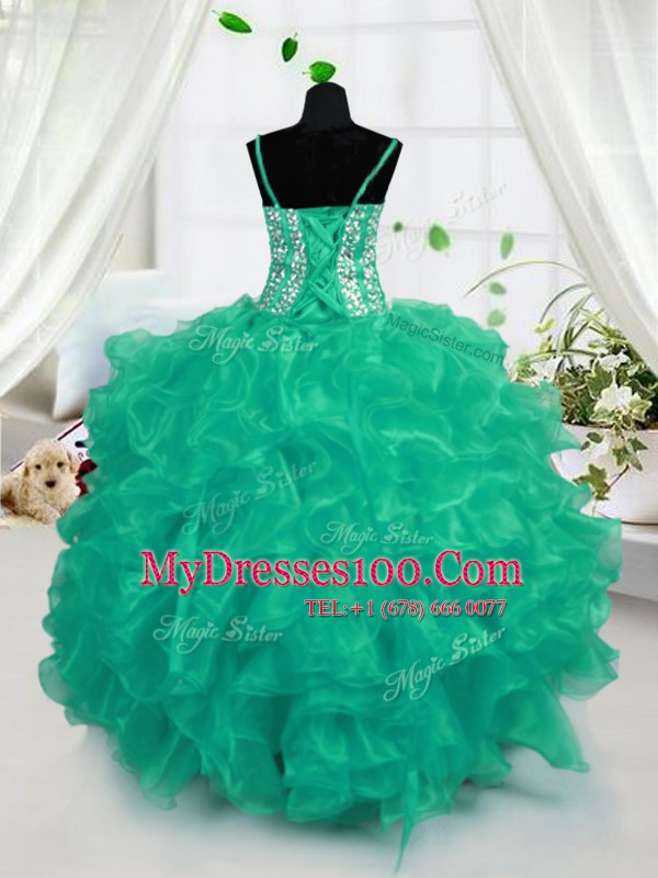 Sleeveless Floor Length Beading and Ruffles Lace Up Kids Formal Wear with Turquoise
