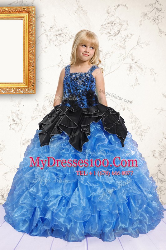 Best Selling Floor Length Blue Toddler Flower Girl Dress Organza Sleeveless Beading and Pick Ups