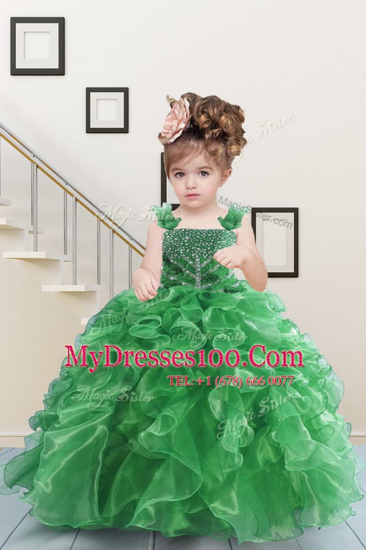 Designer Green Ball Gowns Straps Sleeveless Organza Floor Length Lace Up Beading and Ruffles Little Girl Pageant Gowns