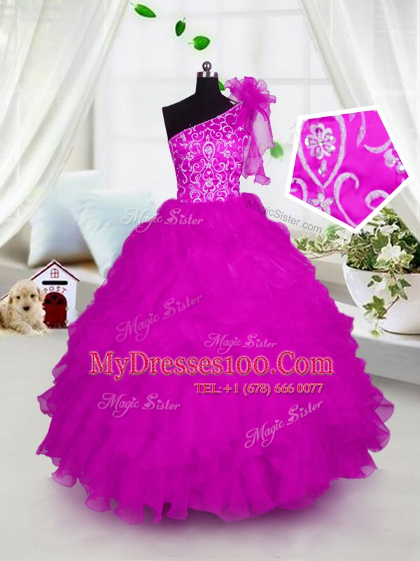 Hot Pink One Shoulder Lace Up Appliques and Ruffles Toddler Flower Girl Dress Short Sleeves