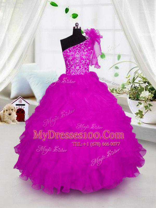 Hot Pink One Shoulder Lace Up Appliques and Ruffles Toddler Flower Girl Dress Short Sleeves