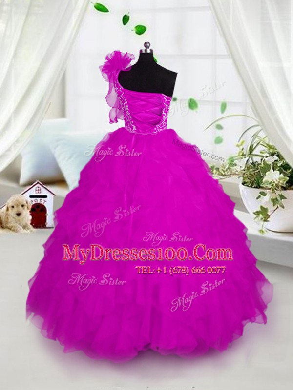 Hot Pink One Shoulder Lace Up Appliques and Ruffles Toddler Flower Girl Dress Short Sleeves